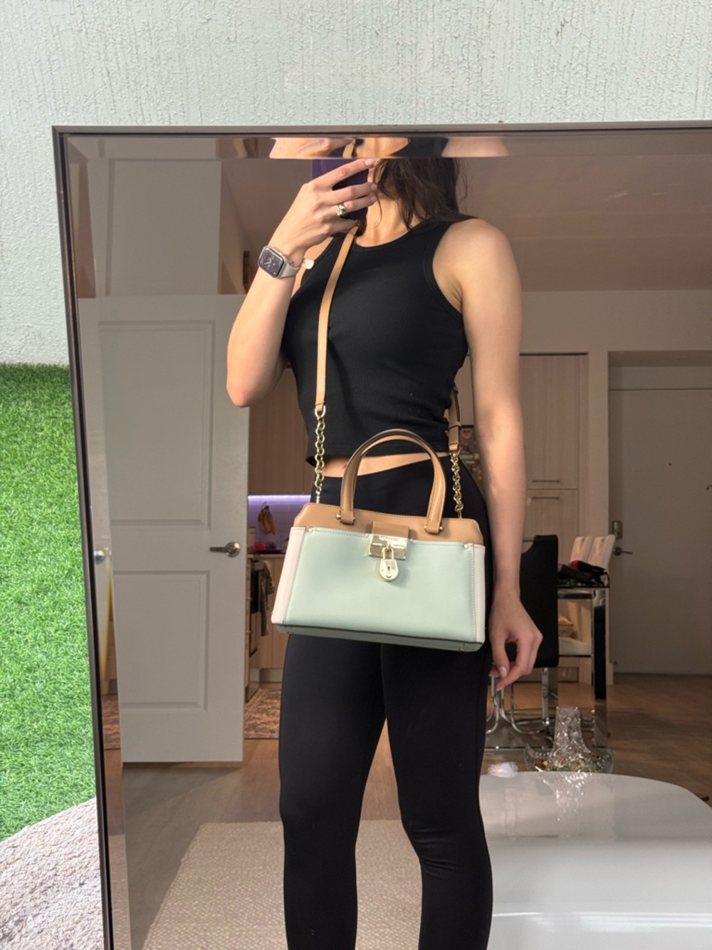 Calvin Klein Camille Lock Satchel Beige/Mint Green - Picture 7 of 16